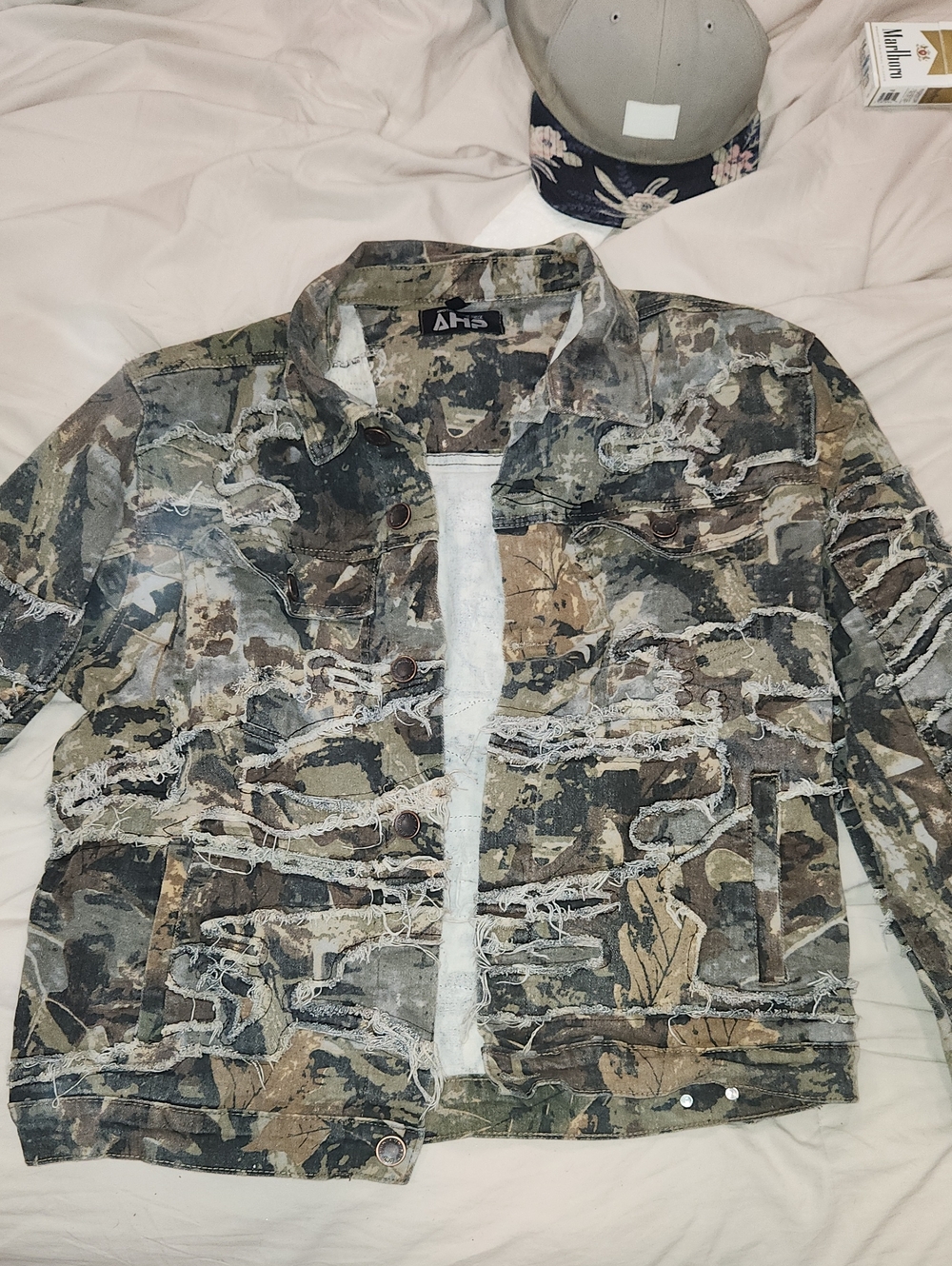 Distressed Camouflage Denim Jacket - Multicolor Camo